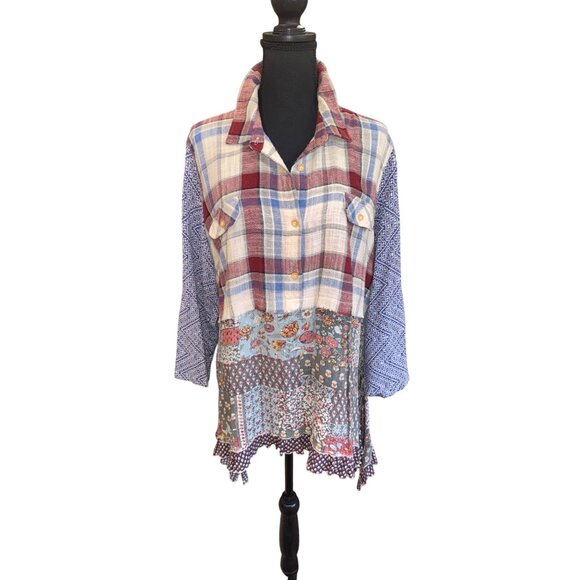 Ali Miles XL Patchwork Plaid Floral Button-Down Oversized Boyfriend Shirt Tunic - Picture 1 of 8